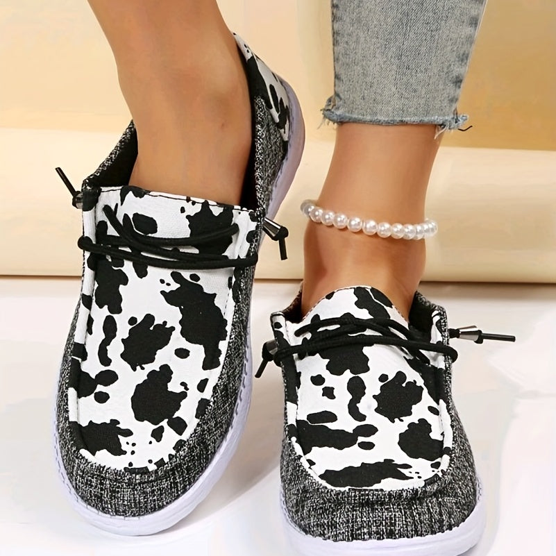 Cow Print Flat Loafers Slip On Canvas Shoes Round Toe Low Top