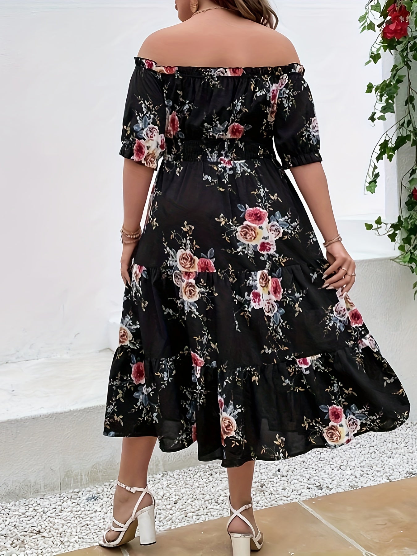  Floral Print Off Shoulder Dress