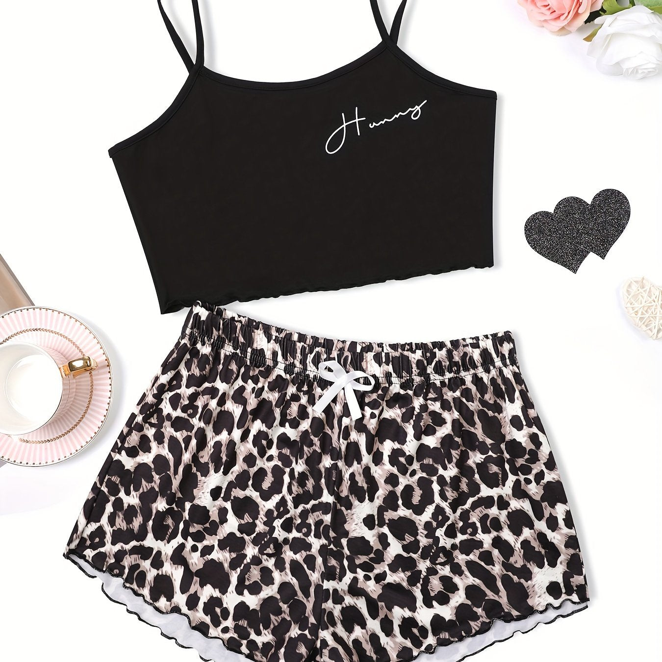 Scallop Trim Cami Pajama Set & Leopard Print Shorts