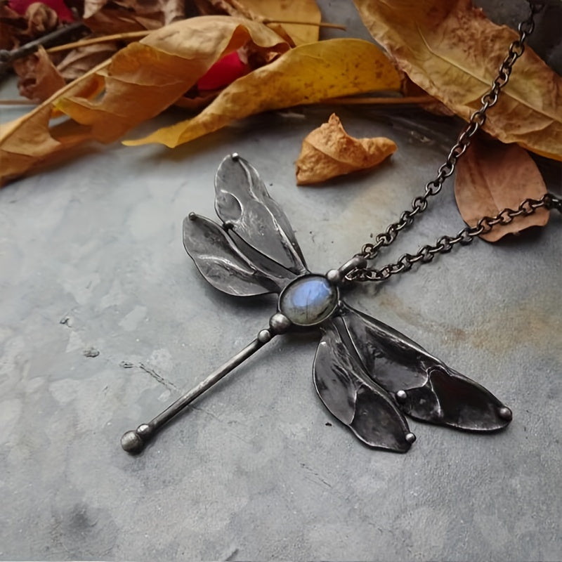 Vintage Dragonfly Pendant Moonstone Necklace Animal Jewelry