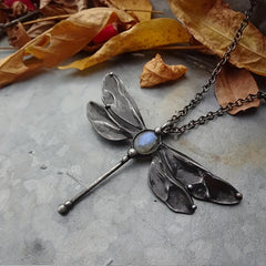 Vintage Dragonfly Pendant Moonstone Necklace Animal Jewelry