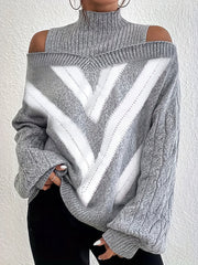  Geometric Print Cold Shoulder Sweater