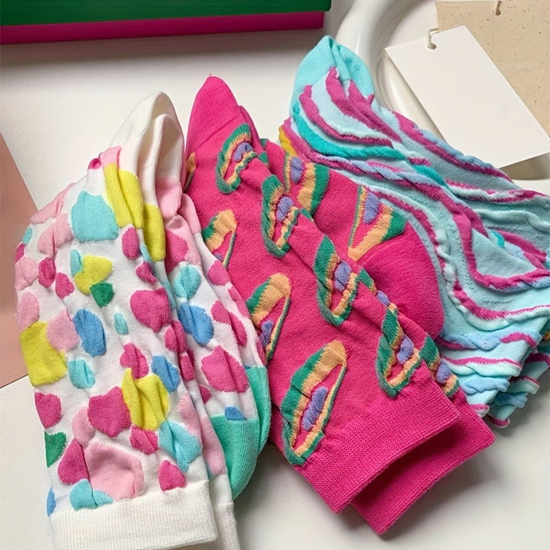 3 Pairs Colorblock 3D Textured Socks Breathable All match Women's Stockings