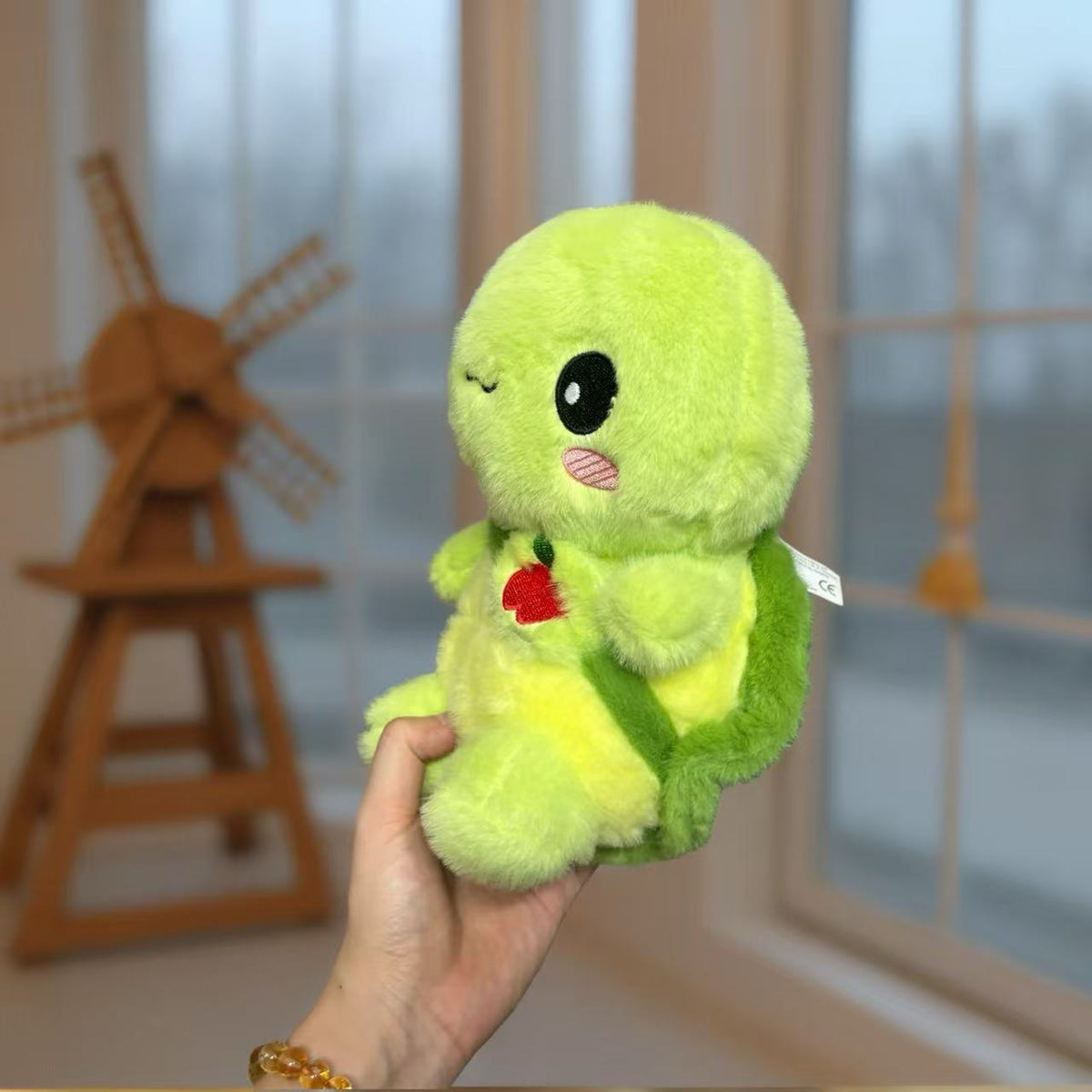 Cute Green Turtle Plushie with Red Heart and Leaf Detail