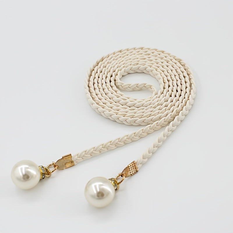 Braided Thin Belt Women's Decor Waist Rope Sweet Dress Tie With Pearl