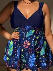  Vacay Tankini Set Women's Plus Tropical Print Ruched Top & Shorts