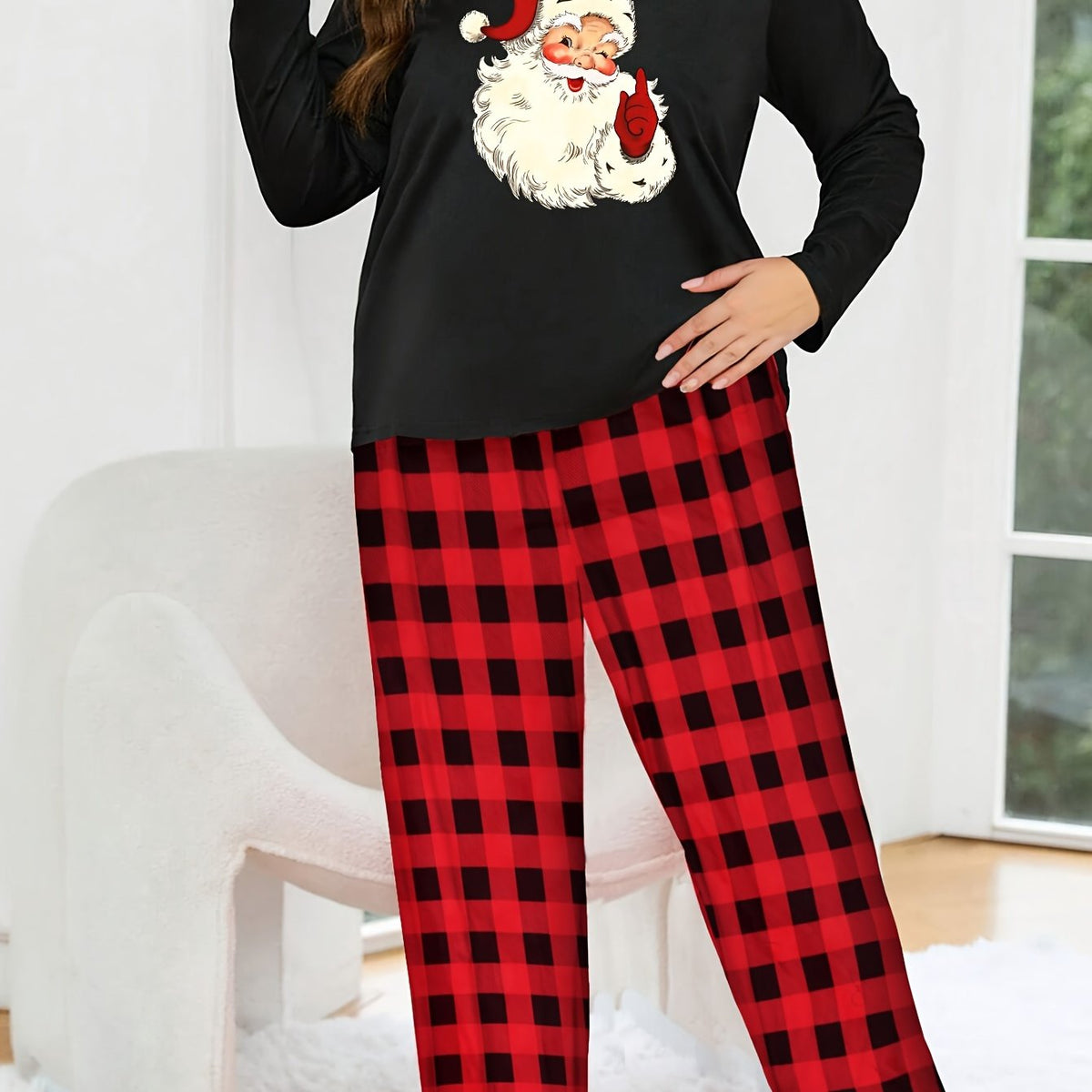  Santa Claus Print Pajamas Set Women's Long Sleeve Top & Plaid Pants