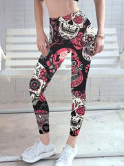  Halloween Sports Leggings Women's Plus Floral Skull Print High Waist