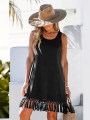 Women's Plus Solid Round Neck Fringe Trim Tank Dress