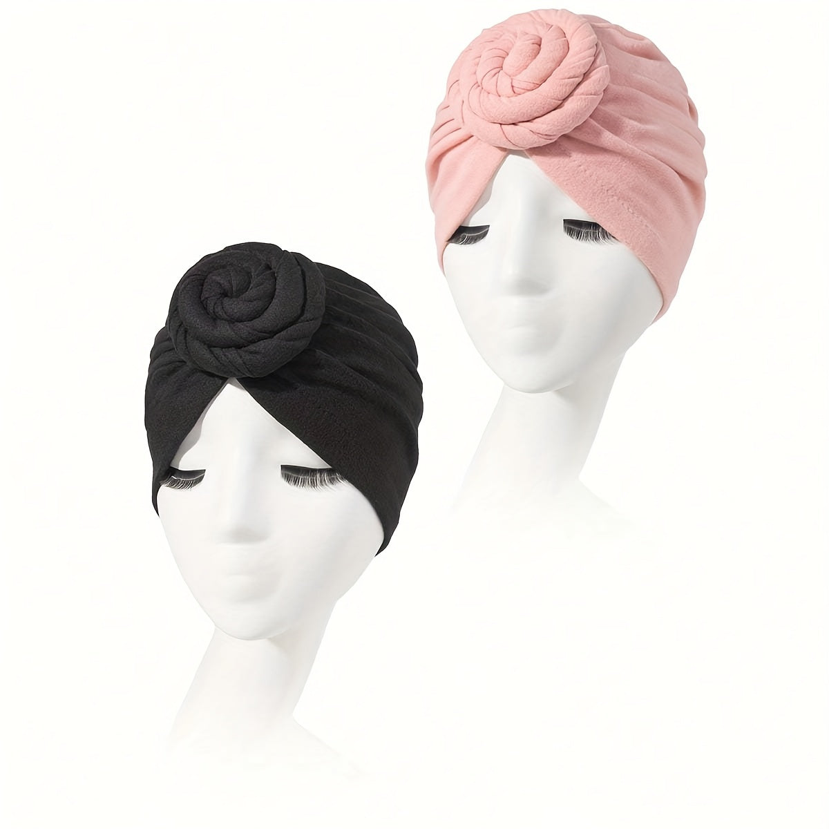 2pcs Twist Knot Turban Cap Elastic Head Wraps Solid Pleated Hijab Hat