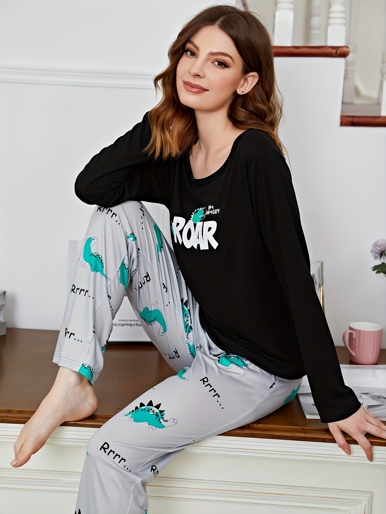 Letter Print Pajama Set Long Sleeve Top & Pants