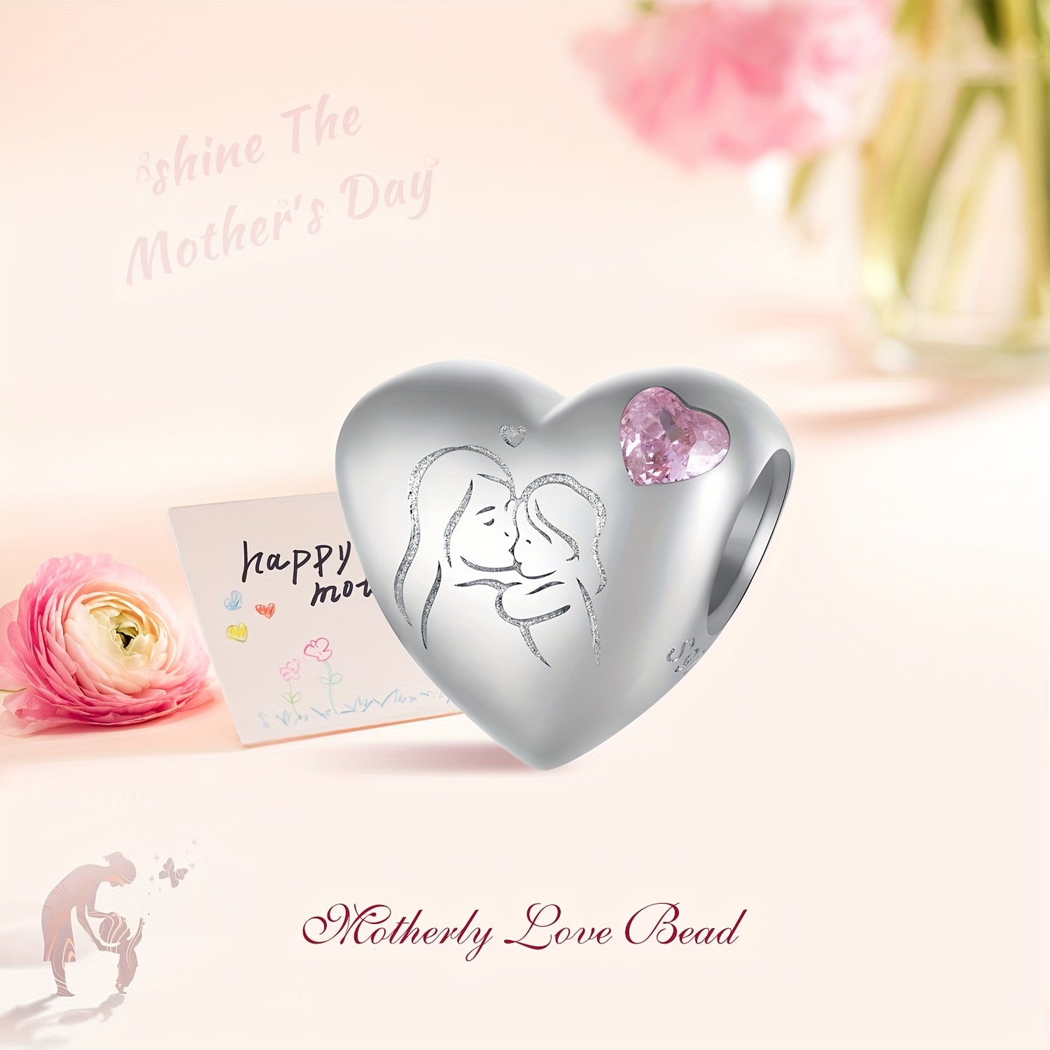 925 Silver Mother Daughter Kissing Pink Heart Bracelet Charm