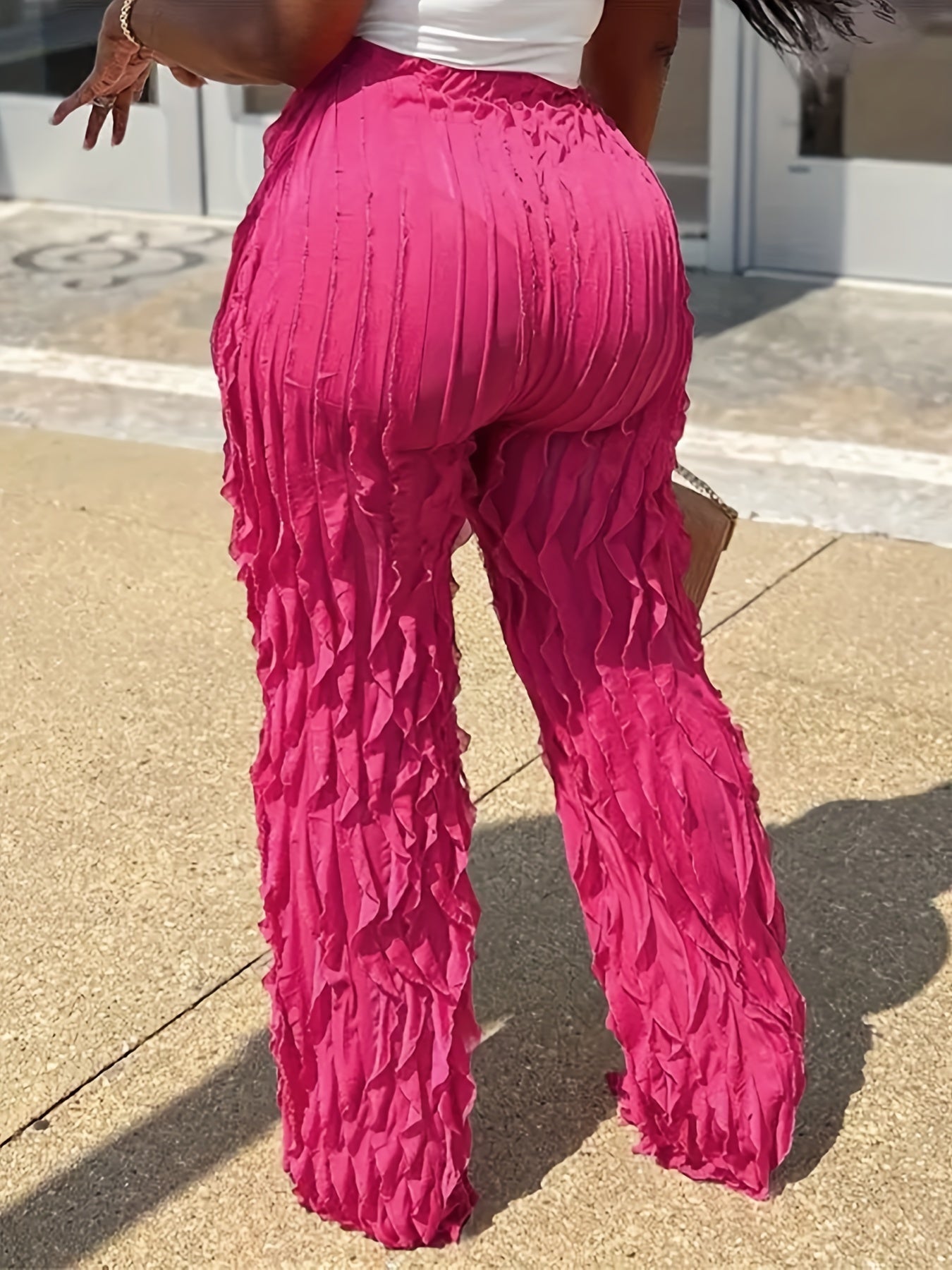  Casual Pants Women's Plus Solid Ruffle Trim Elastic High Rise Trousers
