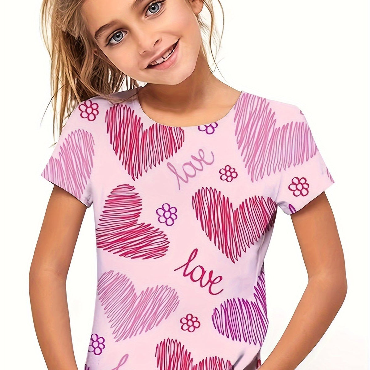 Girls Sweet Heart Graphic Crew Neck T-shirt