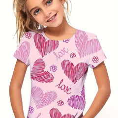 Girls Sweet Heart Graphic Crew Neck T-shirt