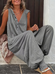  Casual Jumpsuit Solid Button Up Medium Stretch Loose Harem Jumpsuit