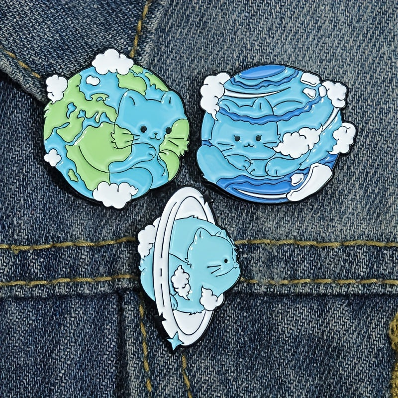 Planet Cat Enamel Brooches Pins Earth Brooches Lapel Badges Animal Jewelry Gift