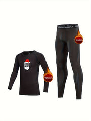 2pcs Kids Fleece Lined Compression Base Set Christmas Santa Hat Print