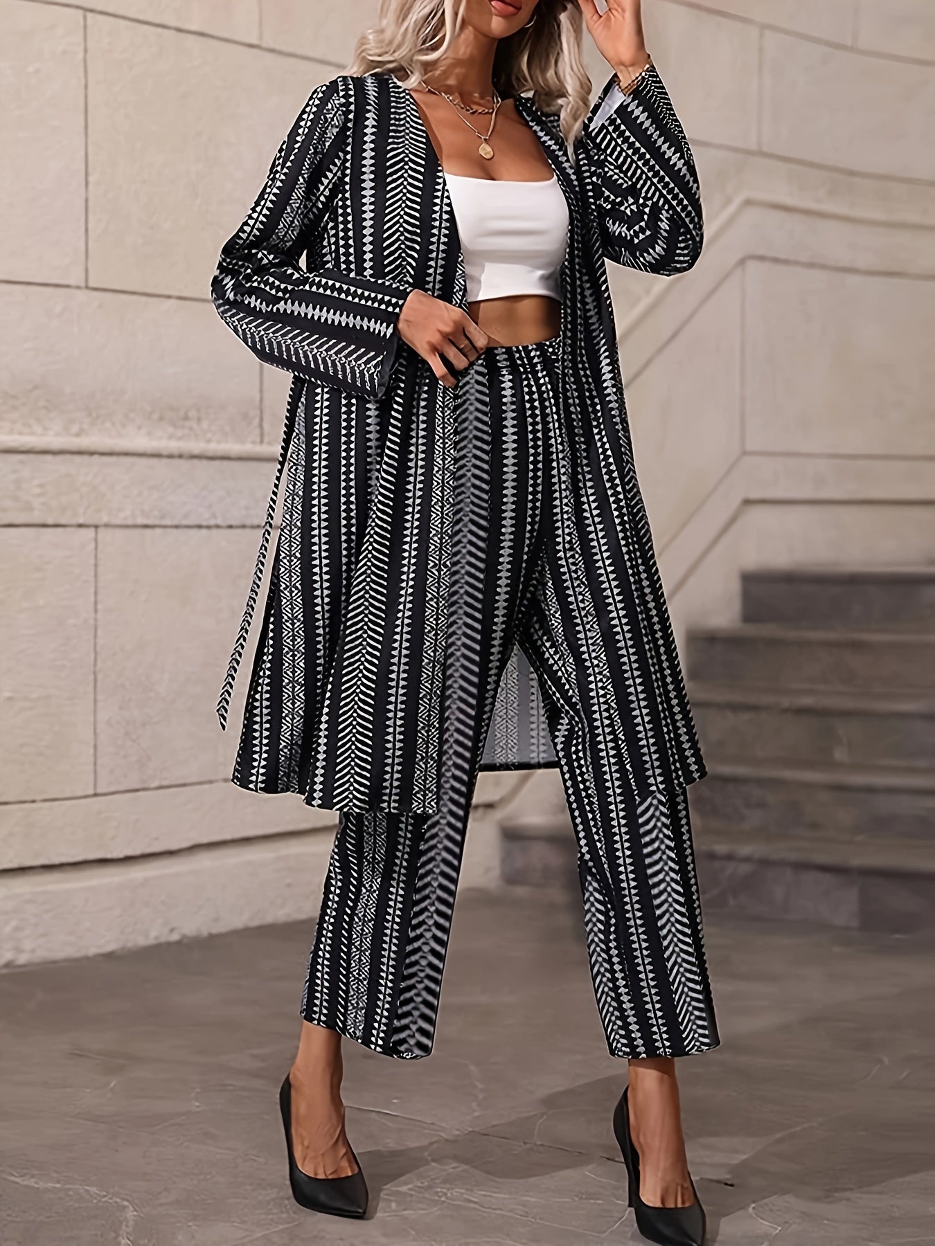  Geo Striped Long Sleeve Coat & Pants Outfits 2 Piece Set