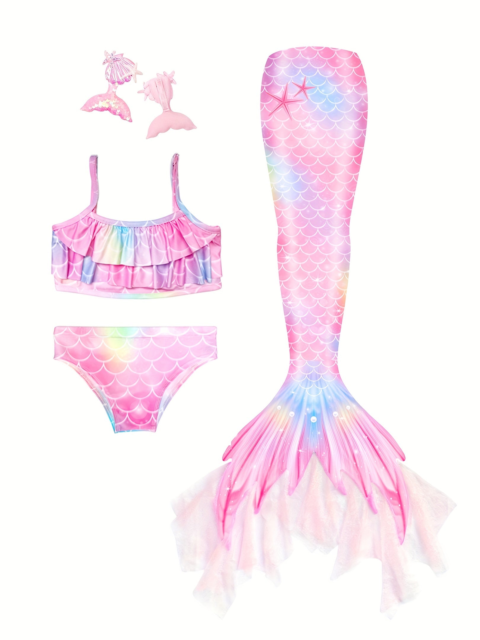 Girls Tie Dye Mermaid Bikini Set Ruffle Trim Cami Top & Shorts & Mermaid Tail