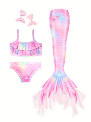 Girls Tie Dye Mermaid Bikini Set Ruffle Trim Cami Top & Shorts & Mermaid Tail