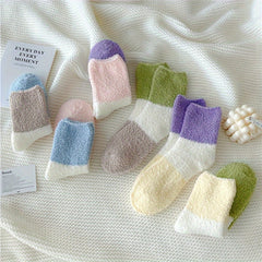 6 Pairs Colorblock Pattern Plush Socks Soft Mid Tube Women's Stockings