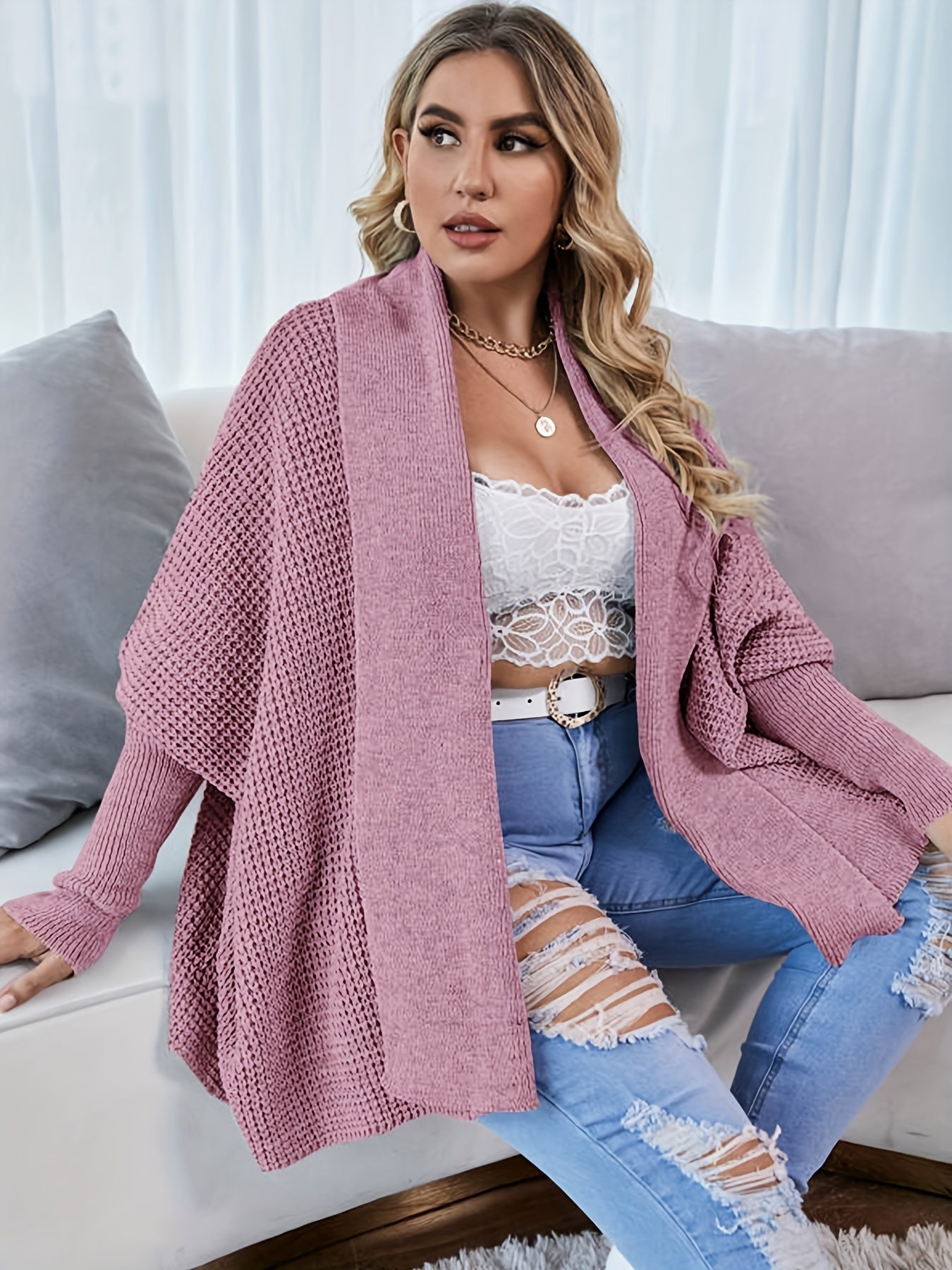  Solid Bat Sleeve Open Front Cardigan