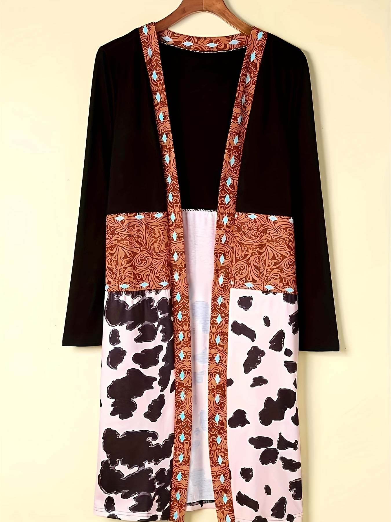  Colorblock Paisley & Cow Print Long Sleeve Cardigan