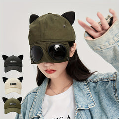 Cat Ears Baseball Cap with Sunglasses - Women's Streetwear Hat