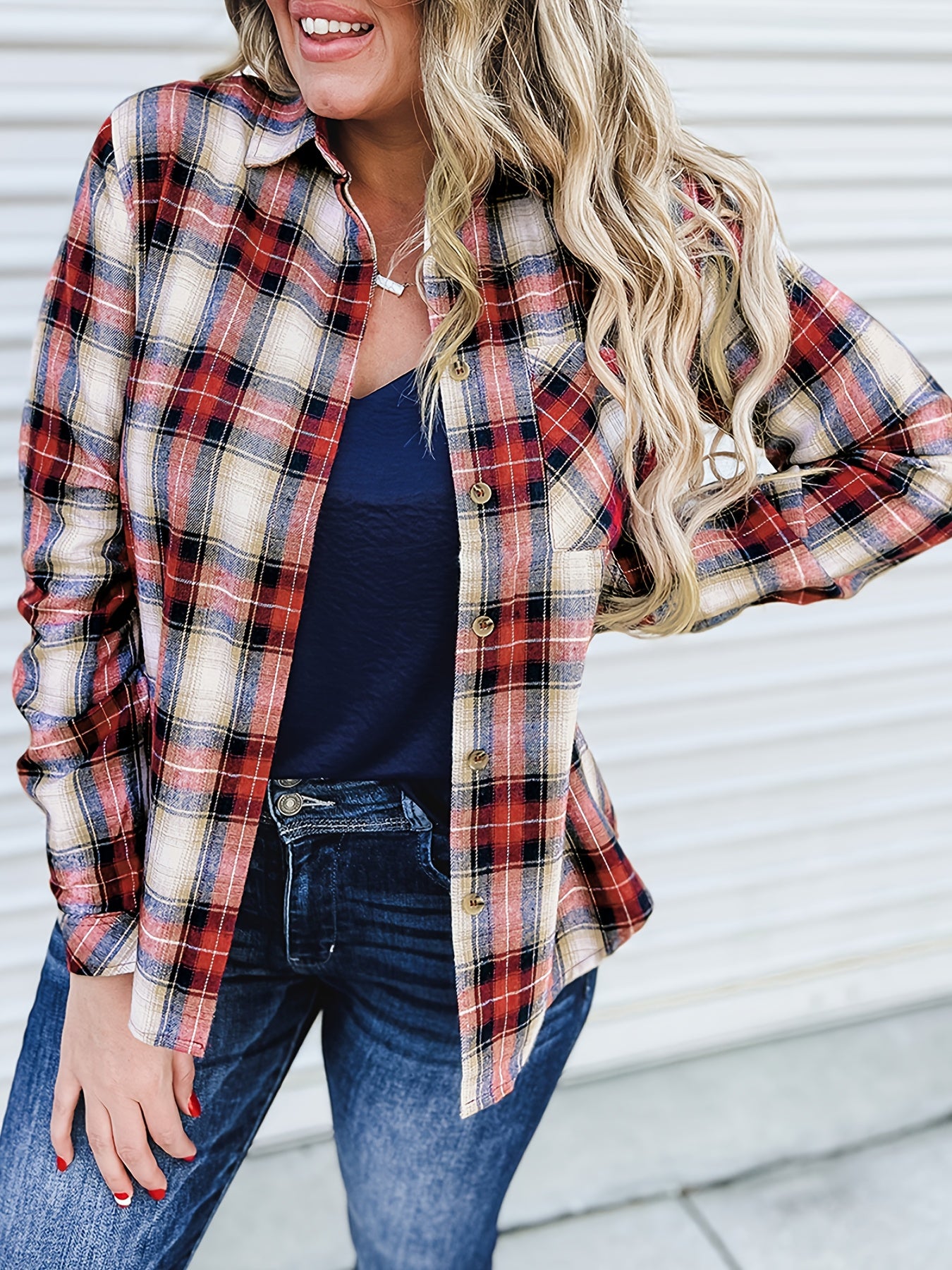  Plaid Print Button Up Long Sleeve Blouse
