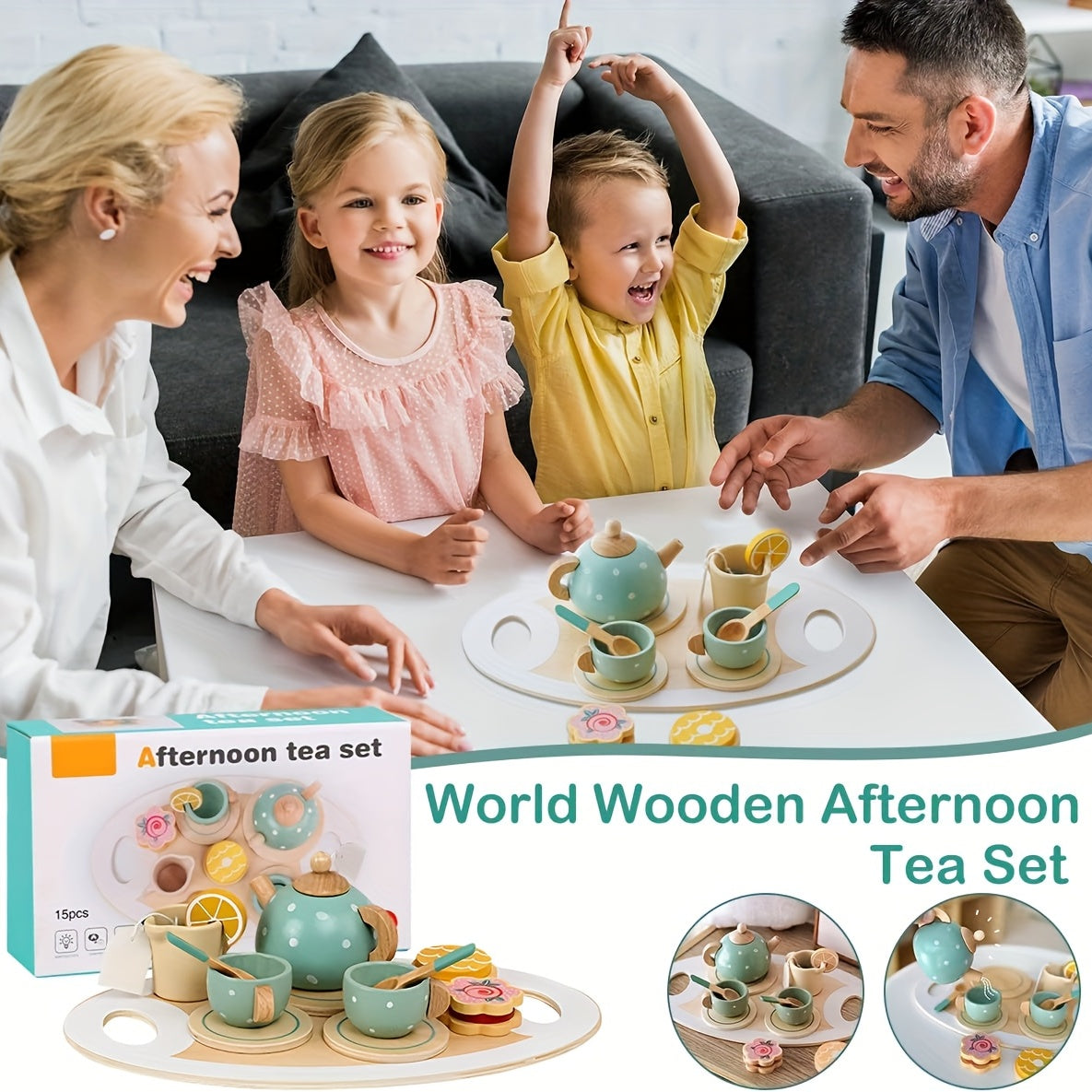 14Pcs Wooden Tea Party Set for Kids Pretend Play Kitchen Accessories