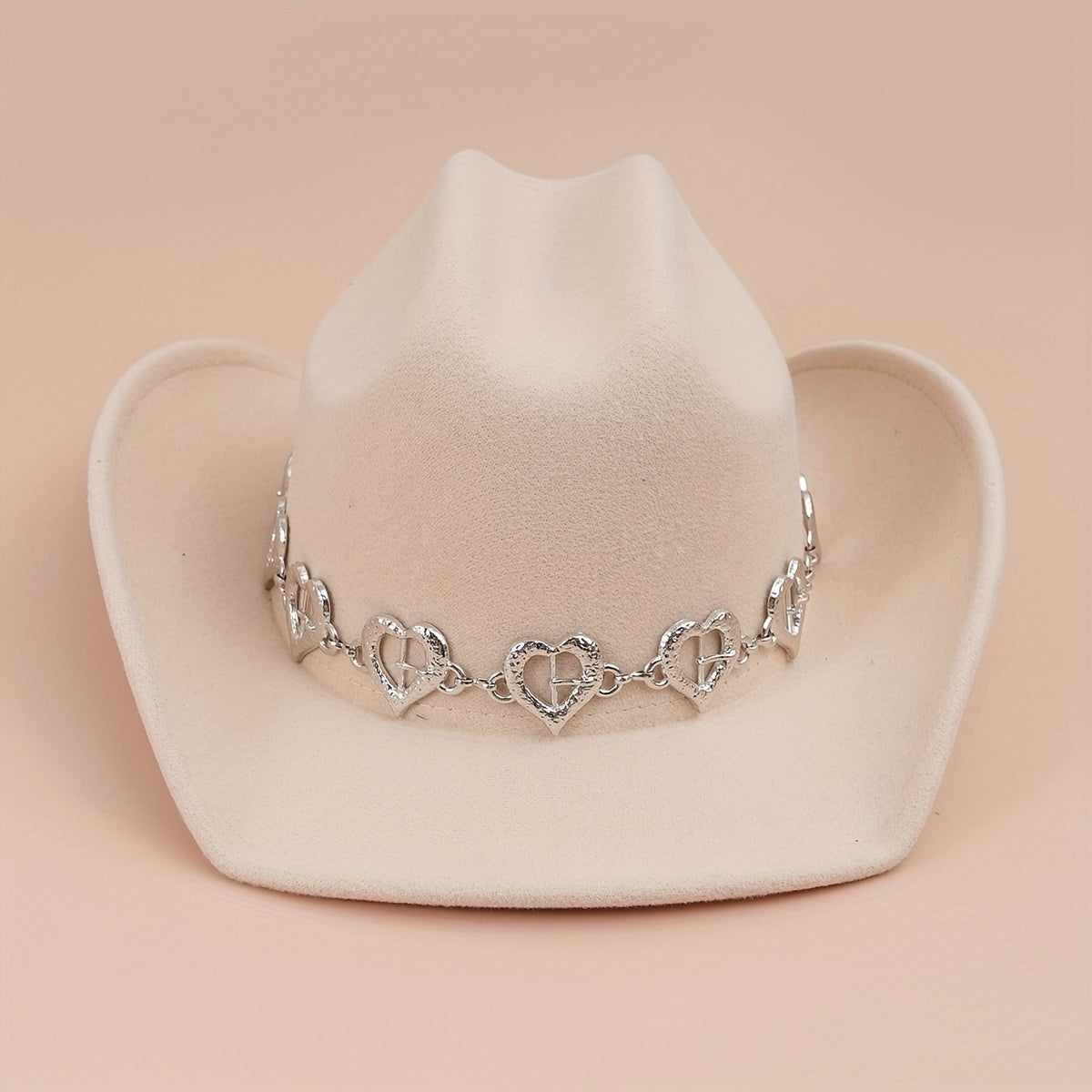 Silvery Oval Heart Stone Iron Chain Decor Cowboy Hat