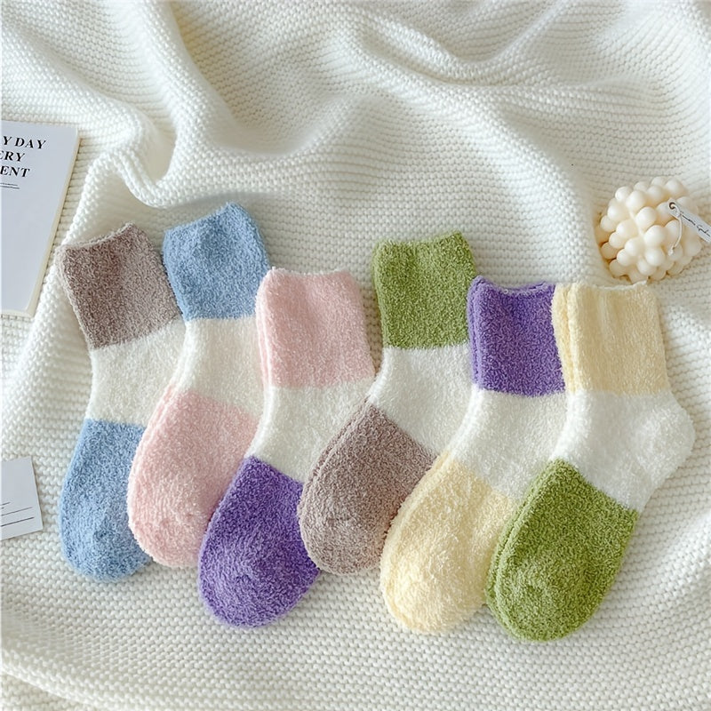 6 Pairs Colorblock Pattern Plush Socks Soft Mid Tube Women's Stockings