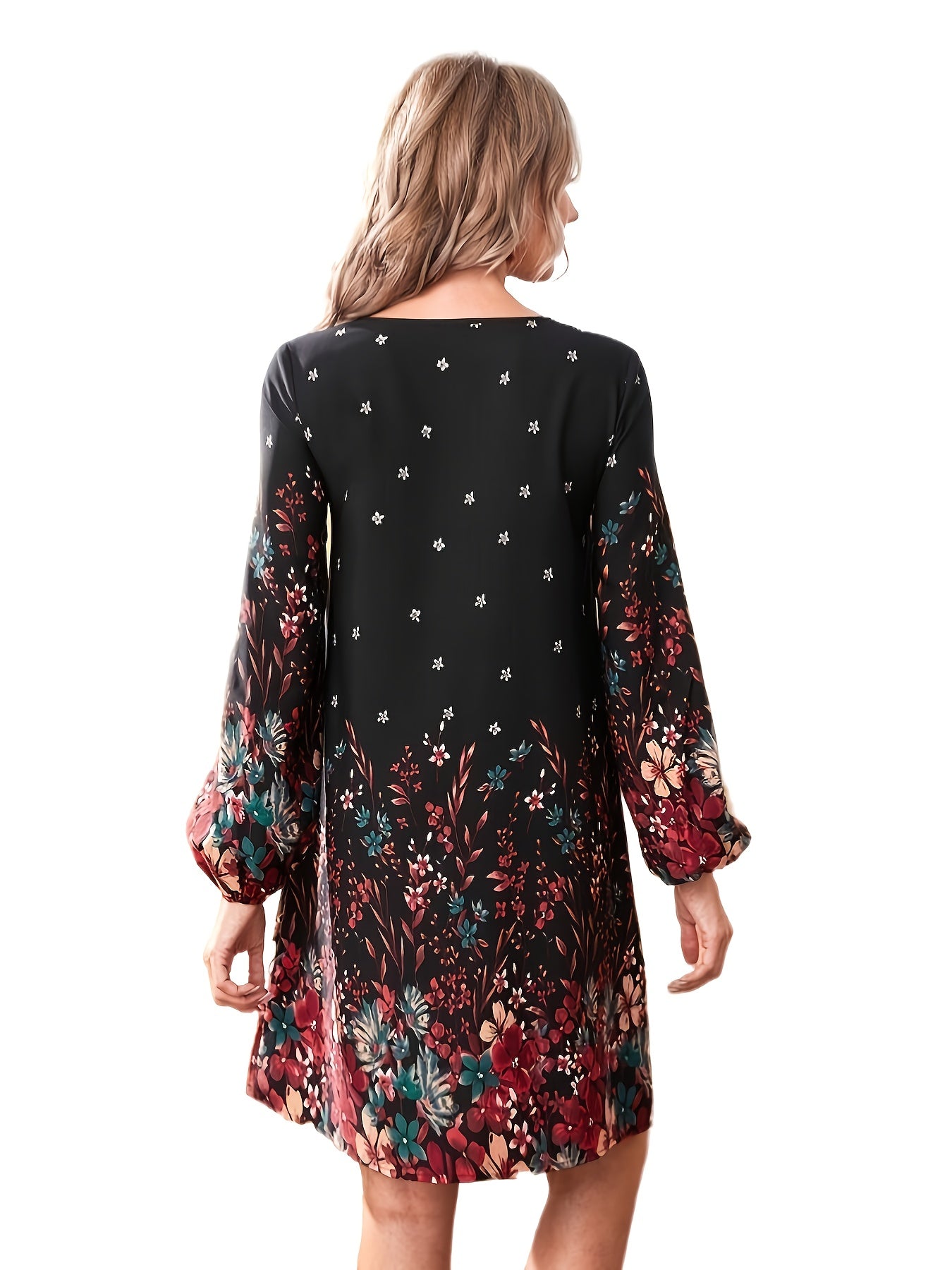  Women's Floral Print Lantern Sleeve Dress