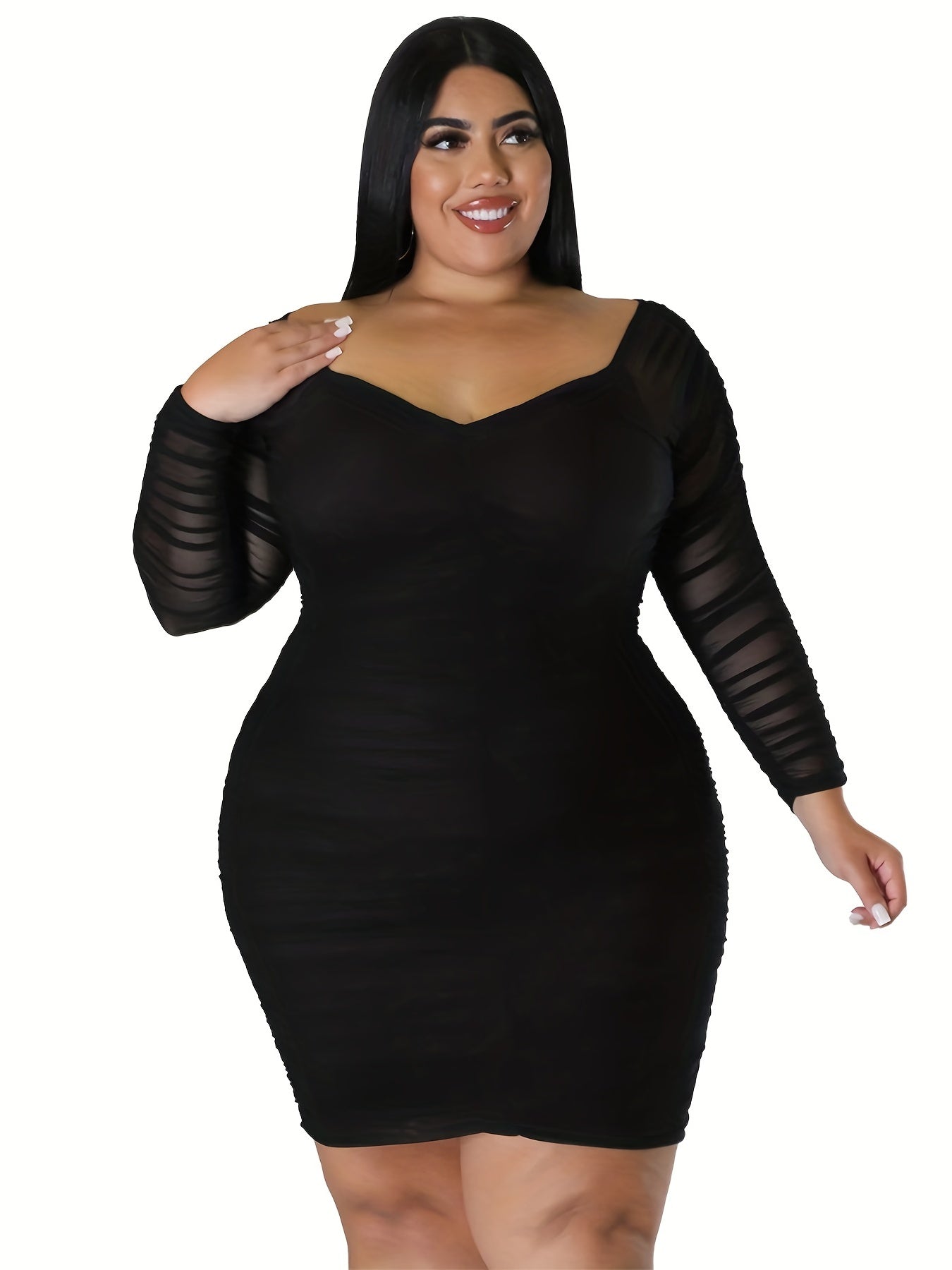  Sexy Bodycon Dress V Neck Mesh Sleeve High Rise