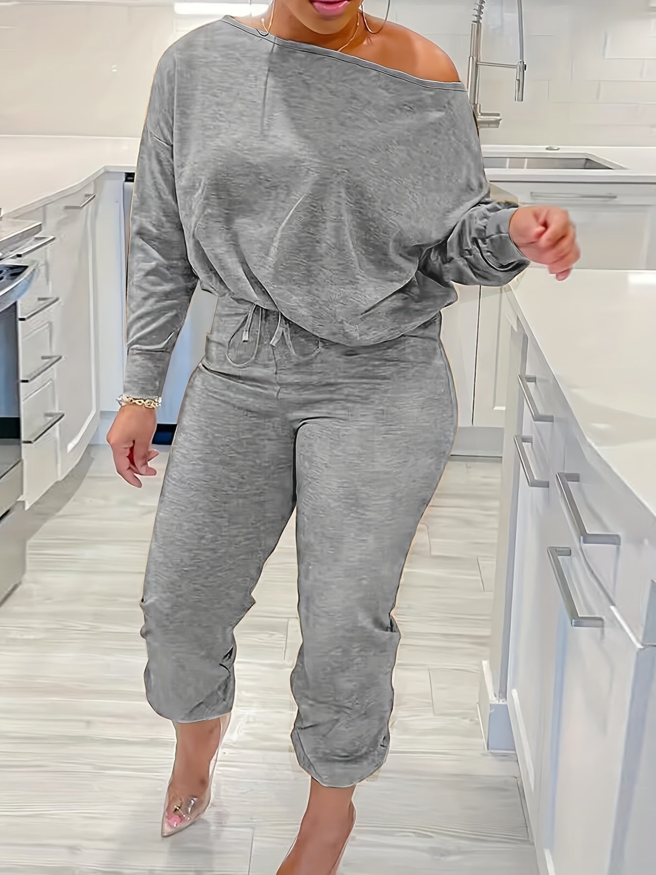  Solid One Shoulder Top & Pants Outfit 2 Piece Set