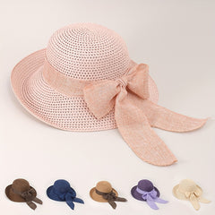 Straw Bucket Hat Bowknot Ribbon Solid Summer Beach Hat