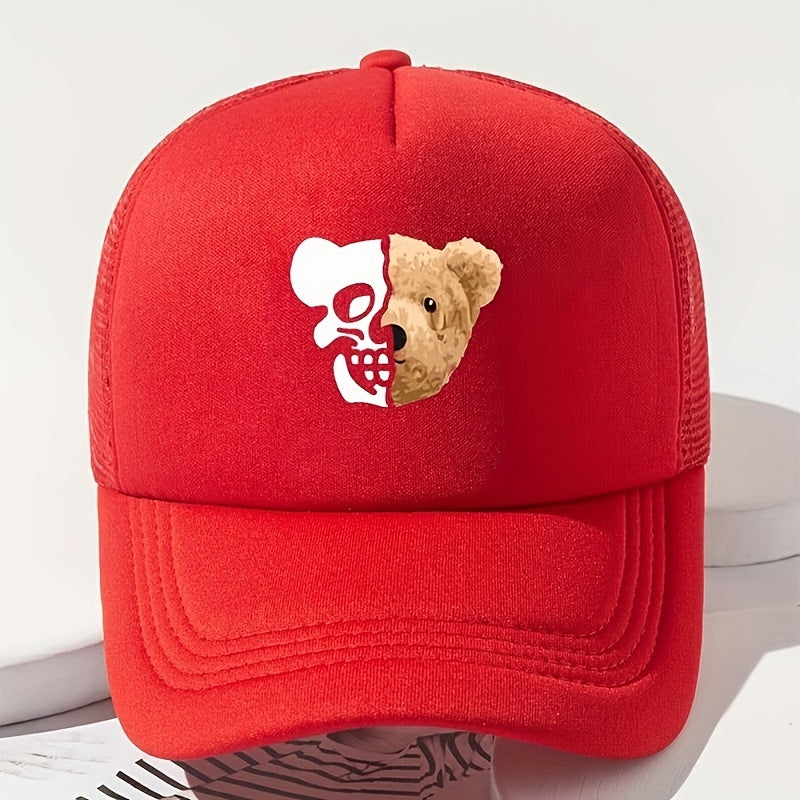 Skull Bear Print Trucker Hat Hip Hop Mesh Baseball Cap