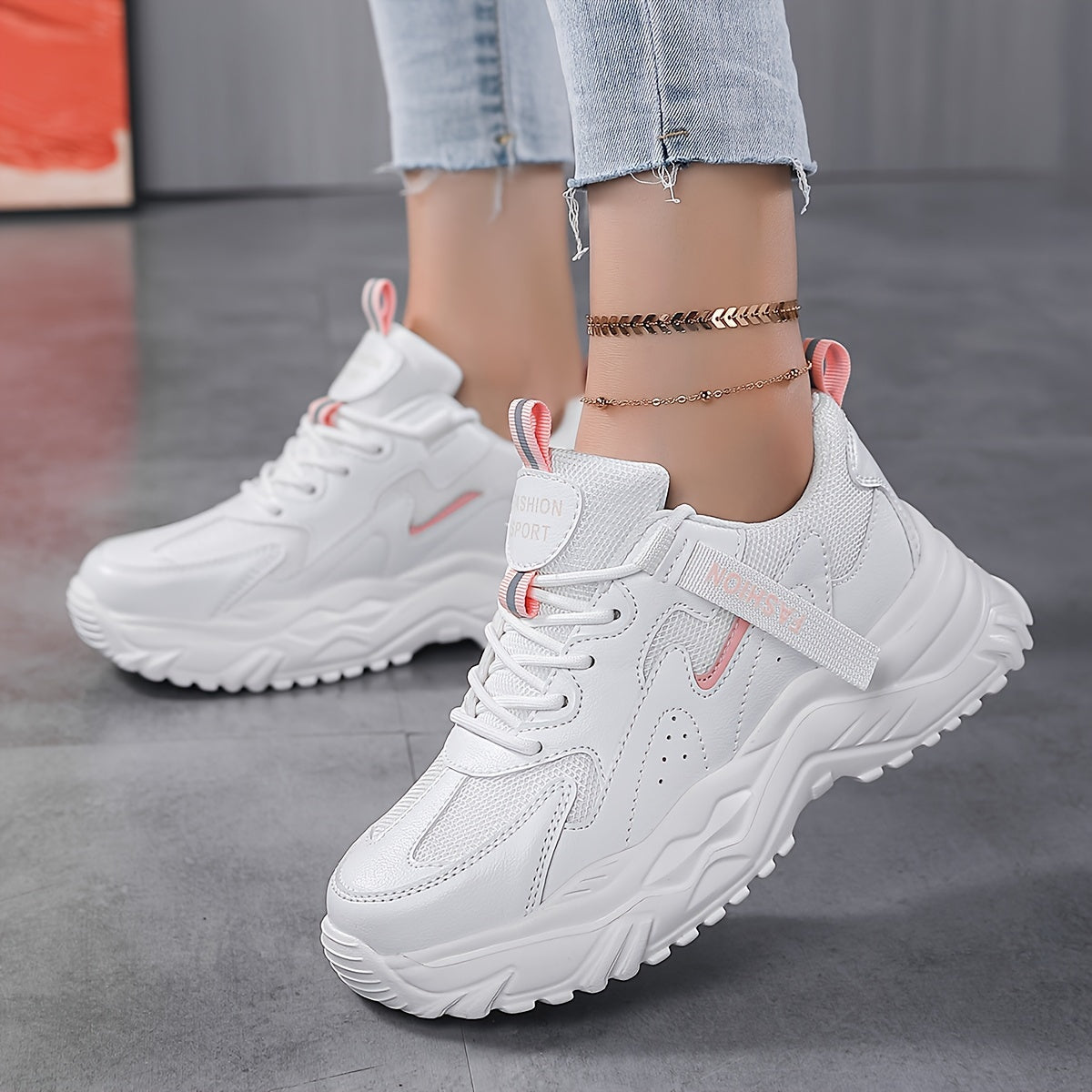 Women's Faux Leather Chunky Sneakers Non Slip Running Shoes