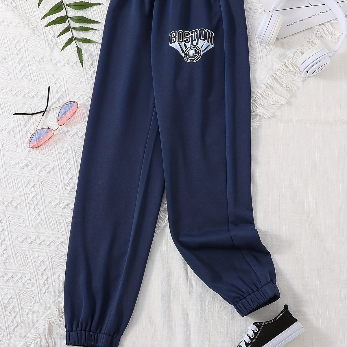 BOSTON Letter Print Girls Casual Active Sweatpants Quick Drying Jogger Pants