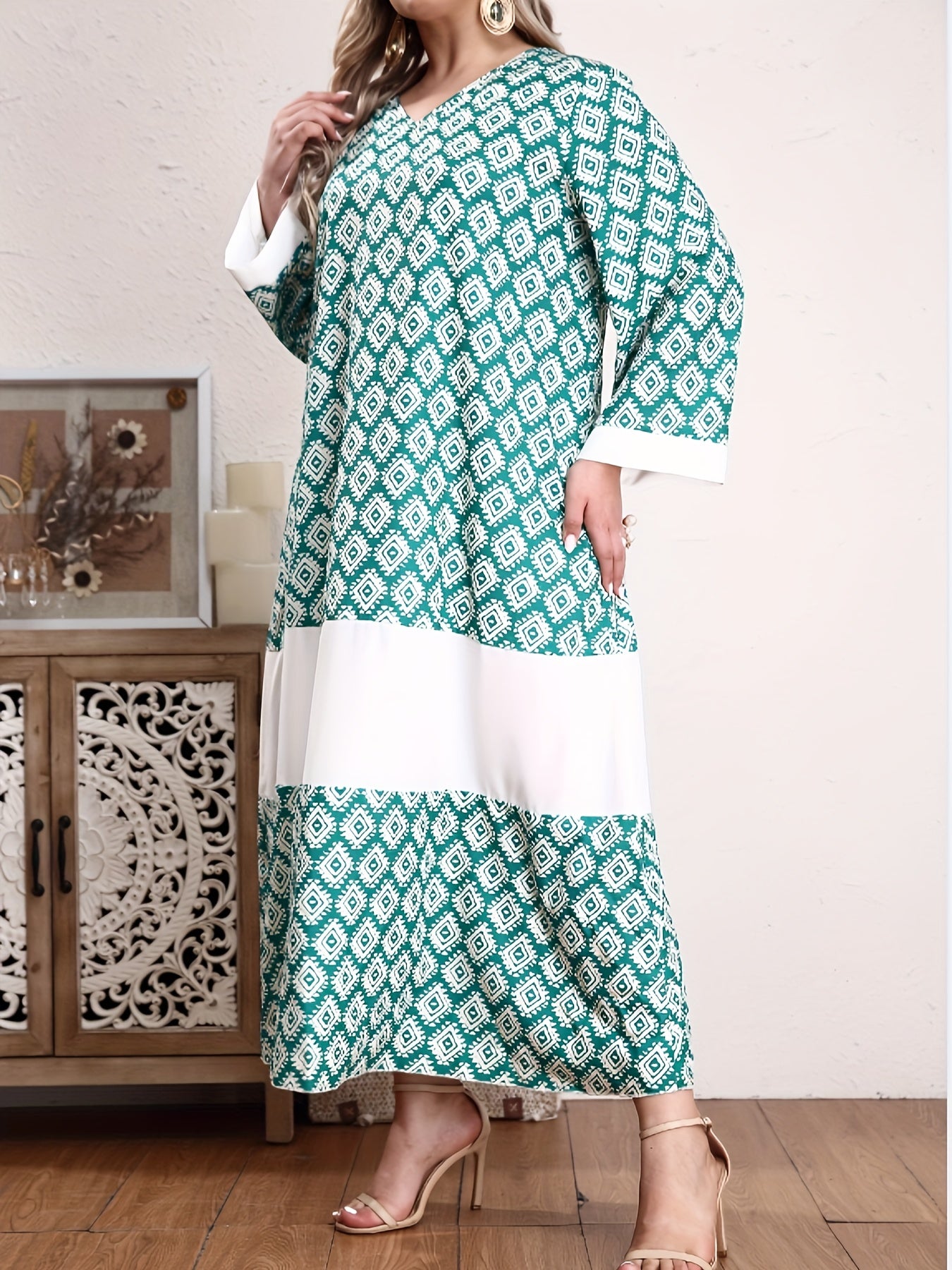  Abaya Dress Women's Plus Colorblock Argyle Print Long Sleeve V Neck