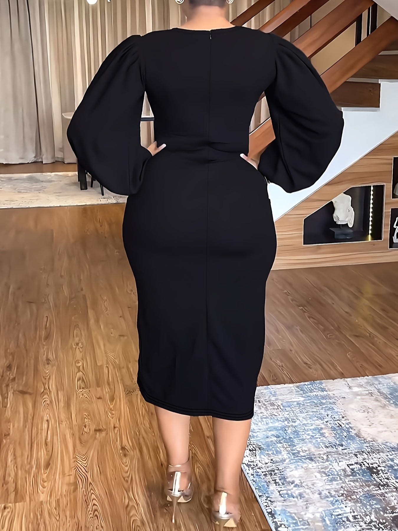  Sexy Dress Women's Plus Solid Lantern Sleeve Cut Out Round Neck Bodyco