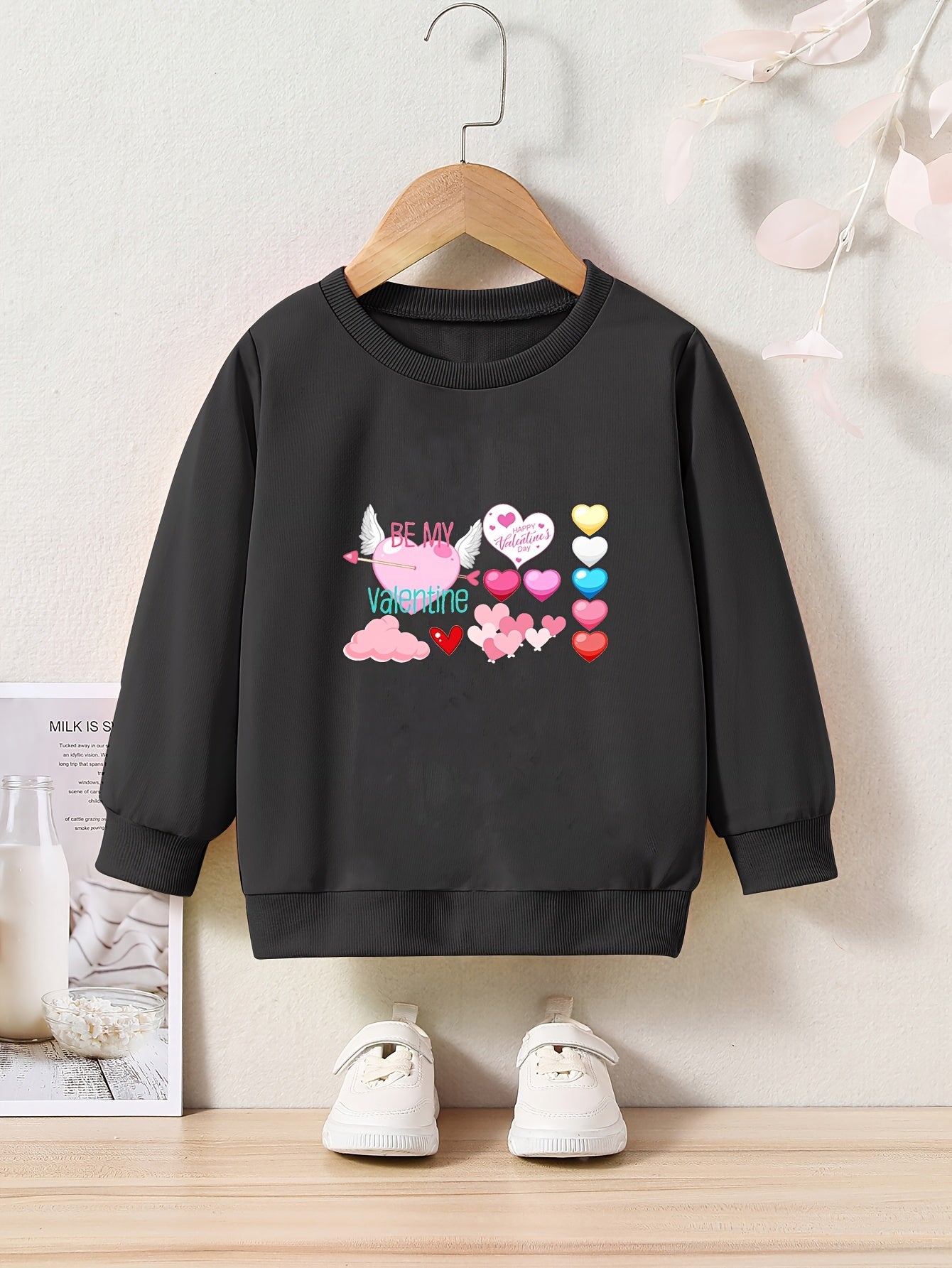 Cartoon Hearts Pattern Crew Neck Long Sleeve Sweatshirt for Girls Kids