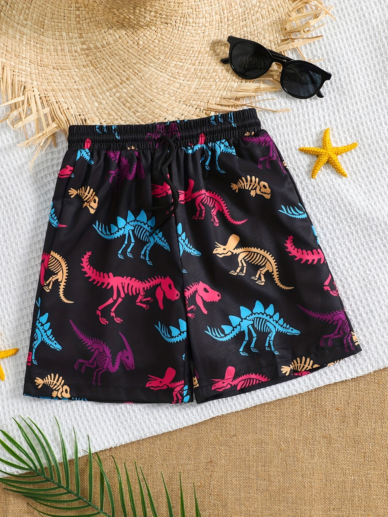 Boy's Dino Skeleton Beach Shorts Swim Trunks Halloween Style Kids' Beachwear
