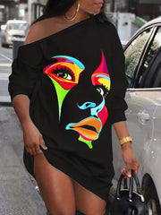  Sexy Dress Women's Plus Abstract Print One Shoulder Long Sleeve Tee
