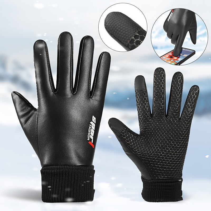 Waterproof PU Leather Cycling Gloves Winter Warm Sports Gloves