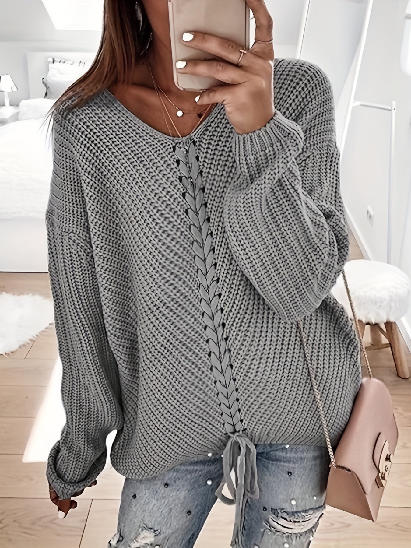  Casual Sweater Women's Plus Solid V Neck Lace Up Pullover Jumper