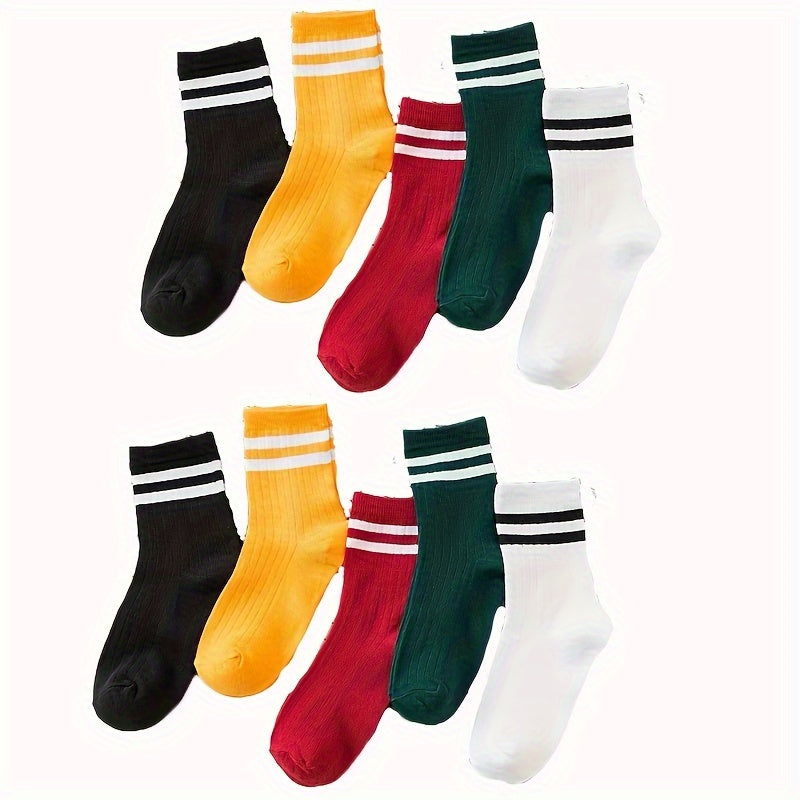 10 Pairs Stripe Print Socks Comfy & Soft Mid Tube Women's Stockings