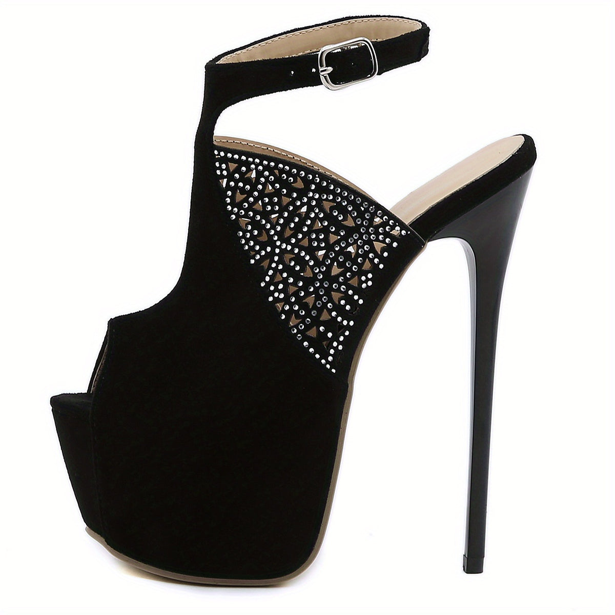 Women's Peep Toe Stiletto Heels Hollow Out Platform Shoes with Rhinestone Decor