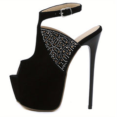 Women's Peep Toe Stiletto Heels Hollow Out Platform Shoes with Rhinestone Decor